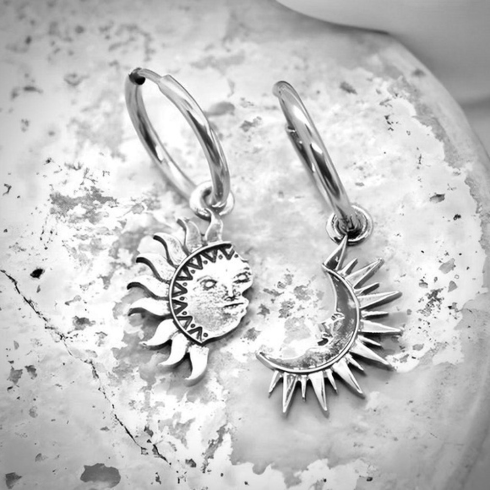 Silver Sun and Moon Hoop Earrings